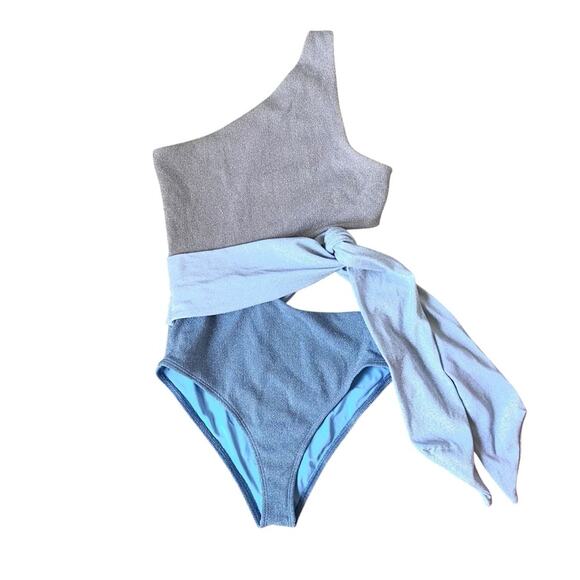 Beach Riot Carlie Metallic Cut Out One Piece Swimsuit size small Blue Silver - Picture 2 of 8